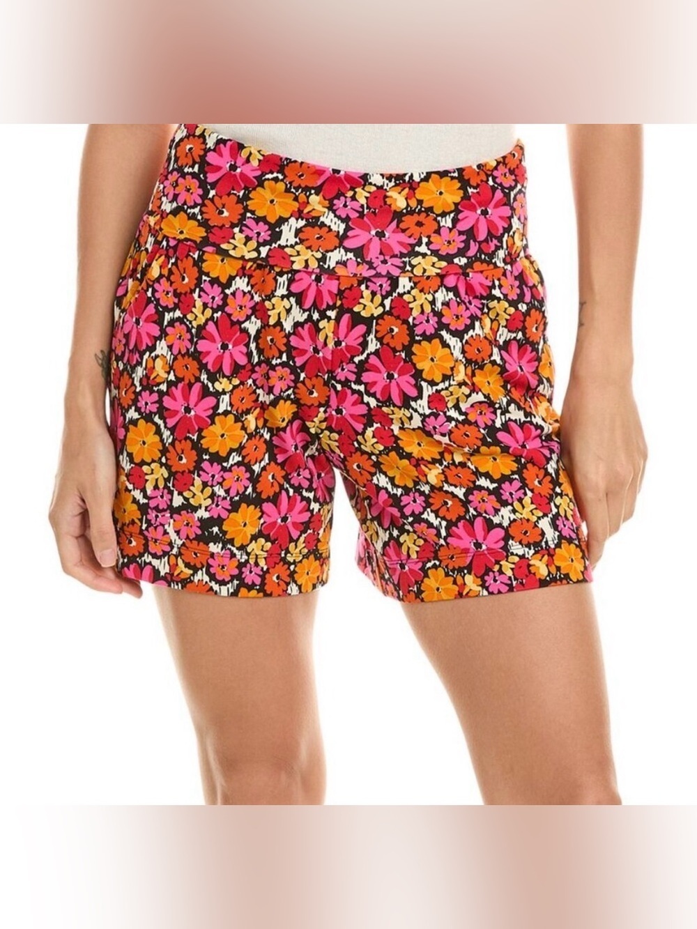 CAbi Chance knit shorts Field of Daisies pink stretch high foldover wide new M